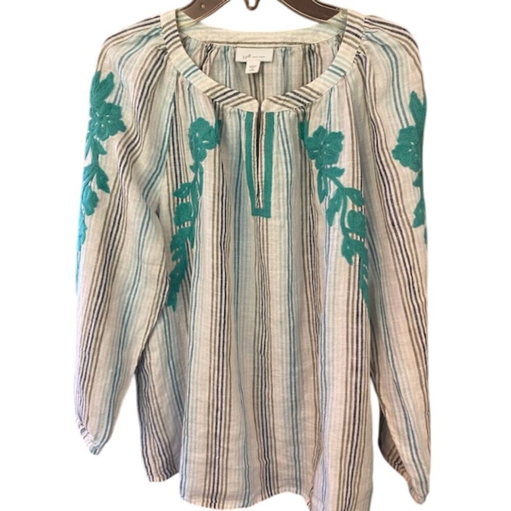 J. Jill 100% Linen StripedBlouse Top 3/4 Sleeves w/ Embroidery Size Small Petite
